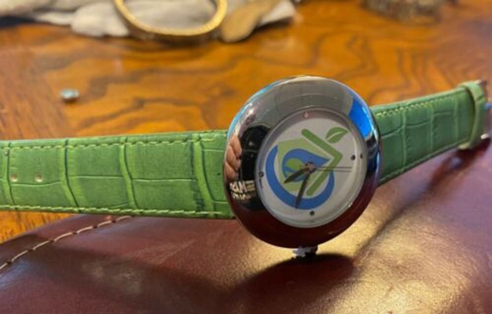 Women's 40mm Silver Tone Norwex Watch, Green Band with Company Logo Face